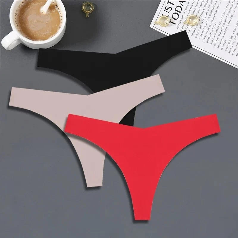 FINETOO 3PCS Women Ice Silk Seamless Underpants Panties Sexy V-Waist Sport Thongs Low Rise 10 Soild Colours Breathable G-string - A-1 Thread Vault