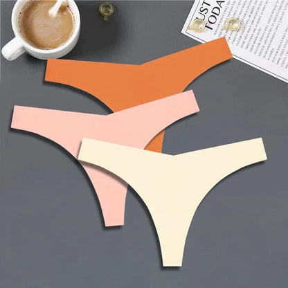 FINETOO 3PCS Women Ice Silk Seamless Underpants Panties Sexy V-Waist Sport Thongs Low Rise 10 Soild Colours Breathable G-string - A-1 Thread Vault