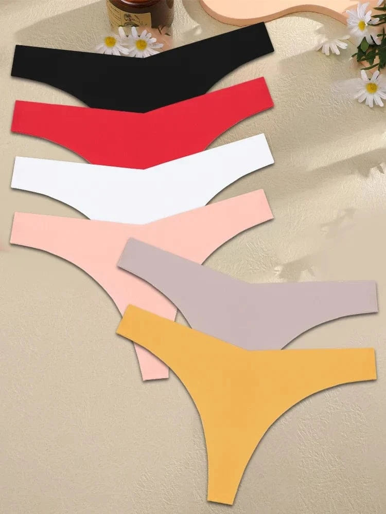 FINETOO 6PCS Women Ice Silk Seamless Underpants Panties Sexy V-Waist Sport Thongs Low Rise 10 Soild Colours Breathable G-string - A-1 Thread Vault