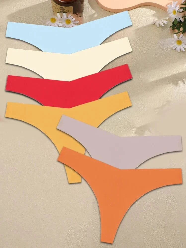 FINETOO 6PCS Women Ice Silk Seamless Underpants Panties Sexy V-Waist Sport Thongs Low Rise 10 Soild Colours Breathable G-string - A-1 Thread Vault