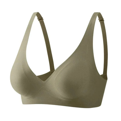 A seamless, wire-free olive green bra with molded cups and adjustable shoulder straps against a white background.