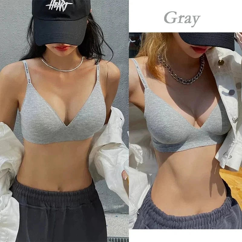 FINETOO Women Wireless Bra Deep V Padded Bralette S-XL Trendy Stripe Knitting Bras Sexy Ladies Brassiere Solid Underwear 6 Color - A-1 Thread Vault