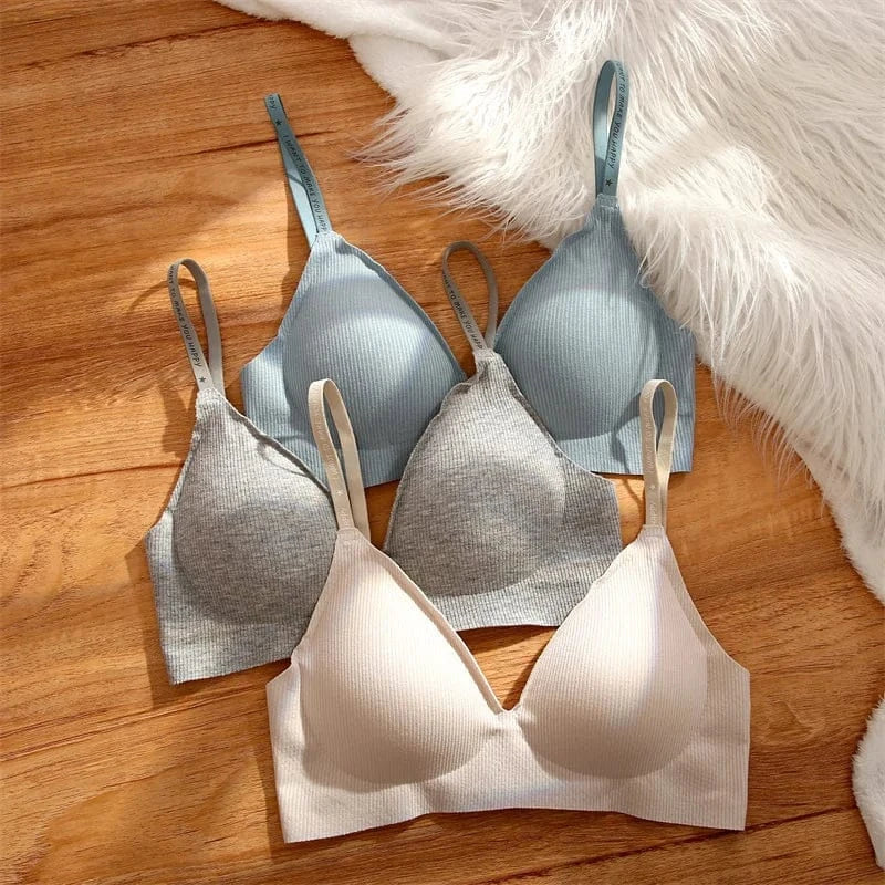 FINETOO Women Wireless Bra Deep V Padded Bralette S-XL Trendy Stripe Knitting Bras Sexy Ladies Brassiere Solid Underwear 6 Color - A-1 Thread Vault