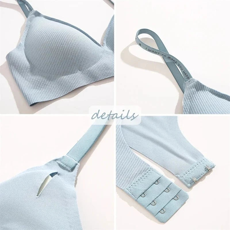 FINETOO Women Wireless Bra Deep V Padded Bralette S-XL Trendy Stripe Knitting Bras Sexy Ladies Brassiere Solid Underwear 6 Color - A-1 Thread Vault