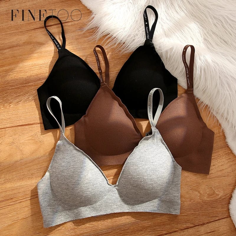 FINETOO Women Wireless Bra Deep V Padded Bralette S-XL Trendy Stripe Knitting Bras Sexy Ladies Brassiere Solid Underwear 6 Color - A-1 Thread Vault