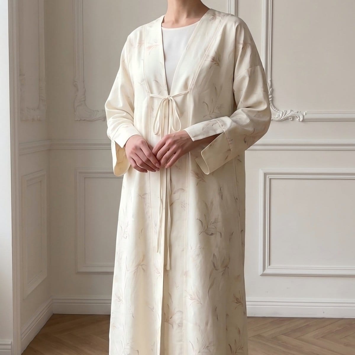 Floral Bird Print Satin Open Abaya(MOA322) - A-1 Thread Vault