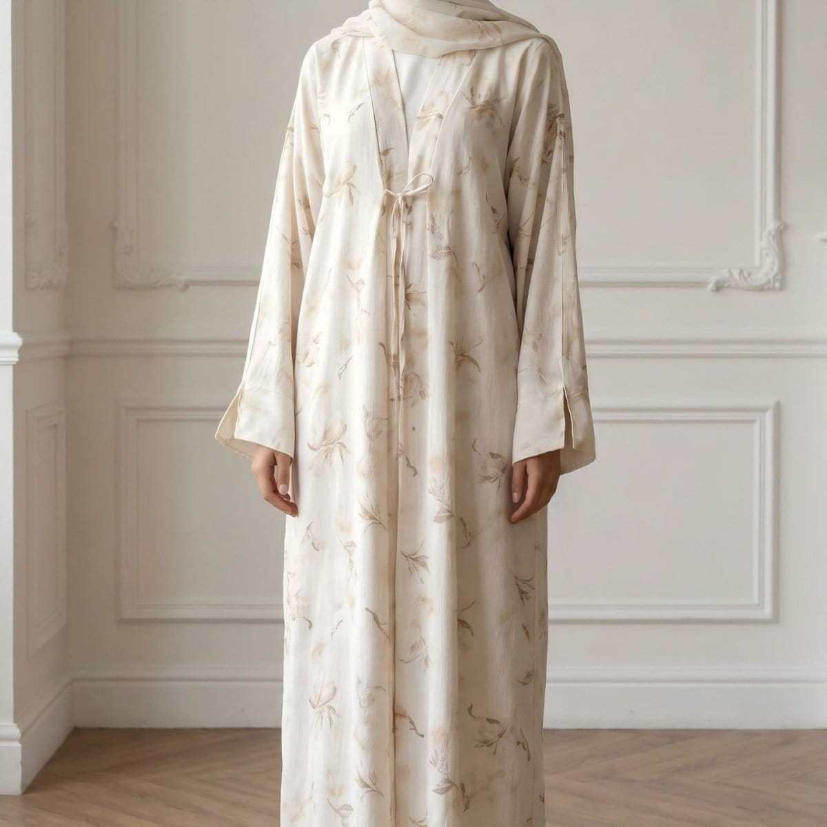Floral Bird Print Satin Open Abaya(MOA322) - A-1 Thread Vault