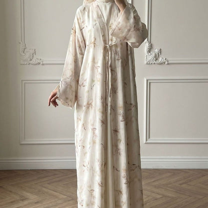 Floral Bird Print Satin Open Abaya(MOA322) - A-1 Thread Vault