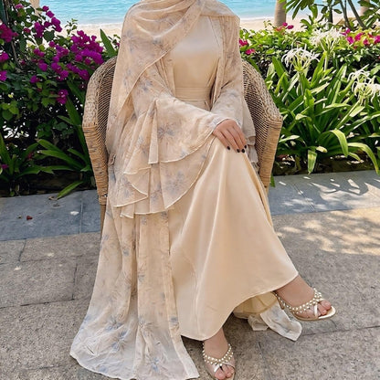 Floral Chiffon 3-Piece Open Abaya Set(MOA301) - A-1 Thread Vault