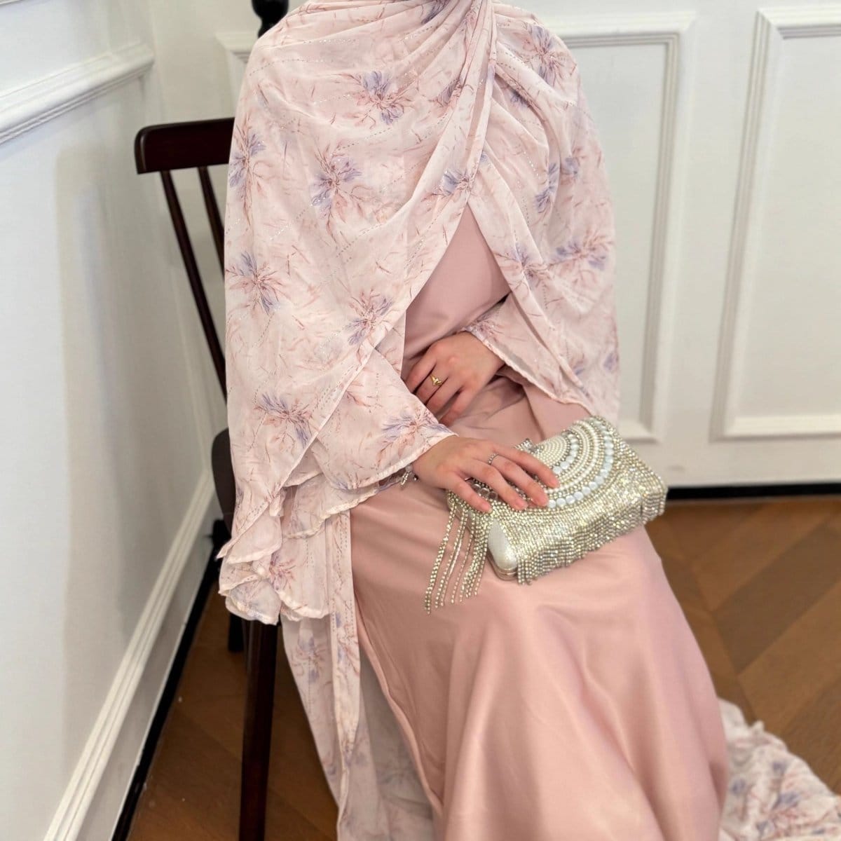 Floral Chiffon 3-Piece Open Abaya Set(MOA301) - A-1 Thread Vault