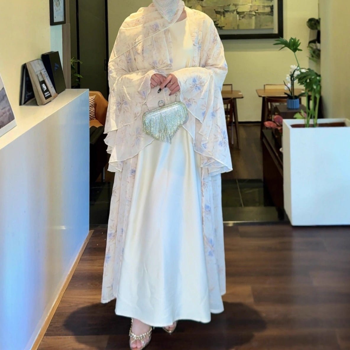 Floral Chiffon 3-Piece Open Abaya Set(MOA301) - A-1 Thread Vault