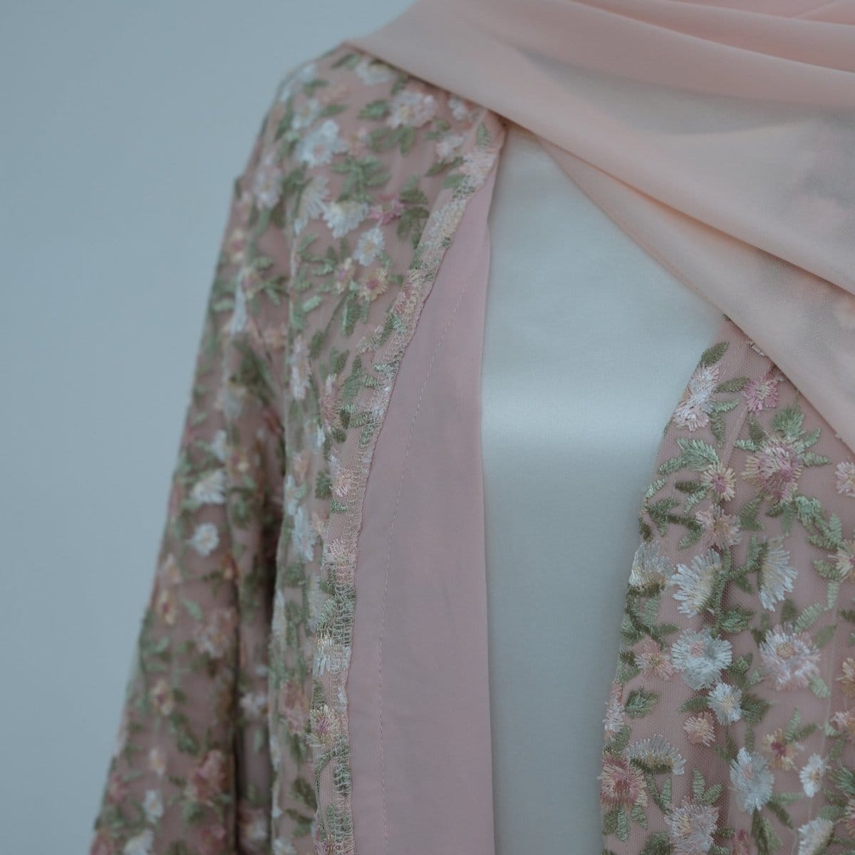 Floral Embroidered Mesh Open Abaya & Hijab Set(MOA321) - A-1 Thread Vault