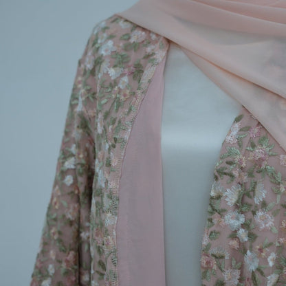 Floral Embroidered Mesh Open Abaya & Hijab Set(MOA321) - A-1 Thread Vault