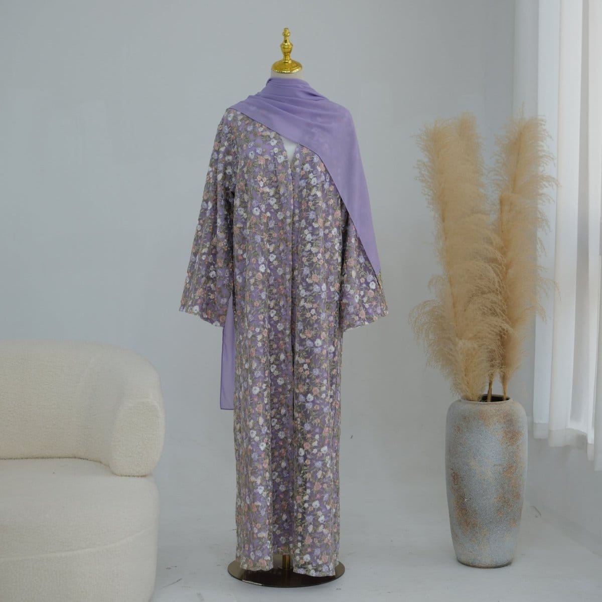 Floral Embroidered Mesh Open Abaya & Hijab Set(MOA321) - A-1 Thread Vault