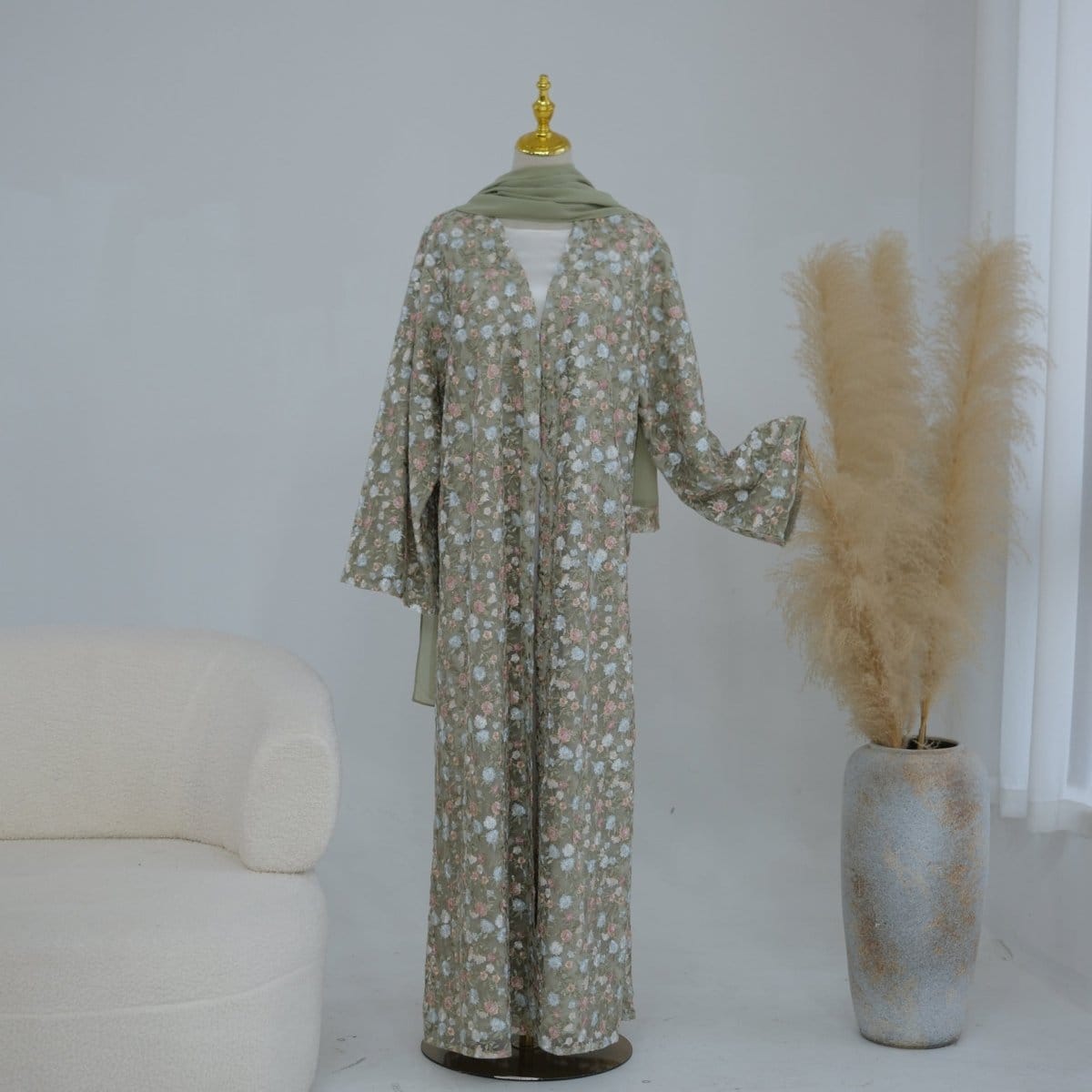 Floral Embroidered Mesh Open Abaya & Hijab Set(MOA321) - A-1 Thread Vault