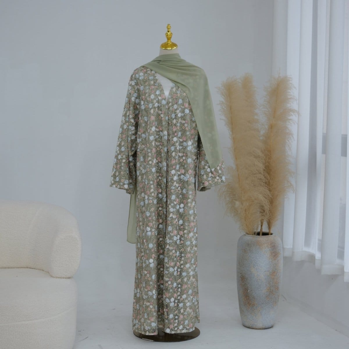 Floral Embroidered Mesh Open Abaya & Hijab Set(MOA321) - A-1 Thread Vault