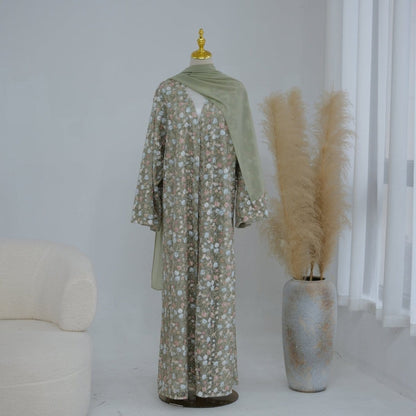 Floral Embroidered Mesh Open Abaya & Hijab Set(MOA321) - A-1 Thread Vault