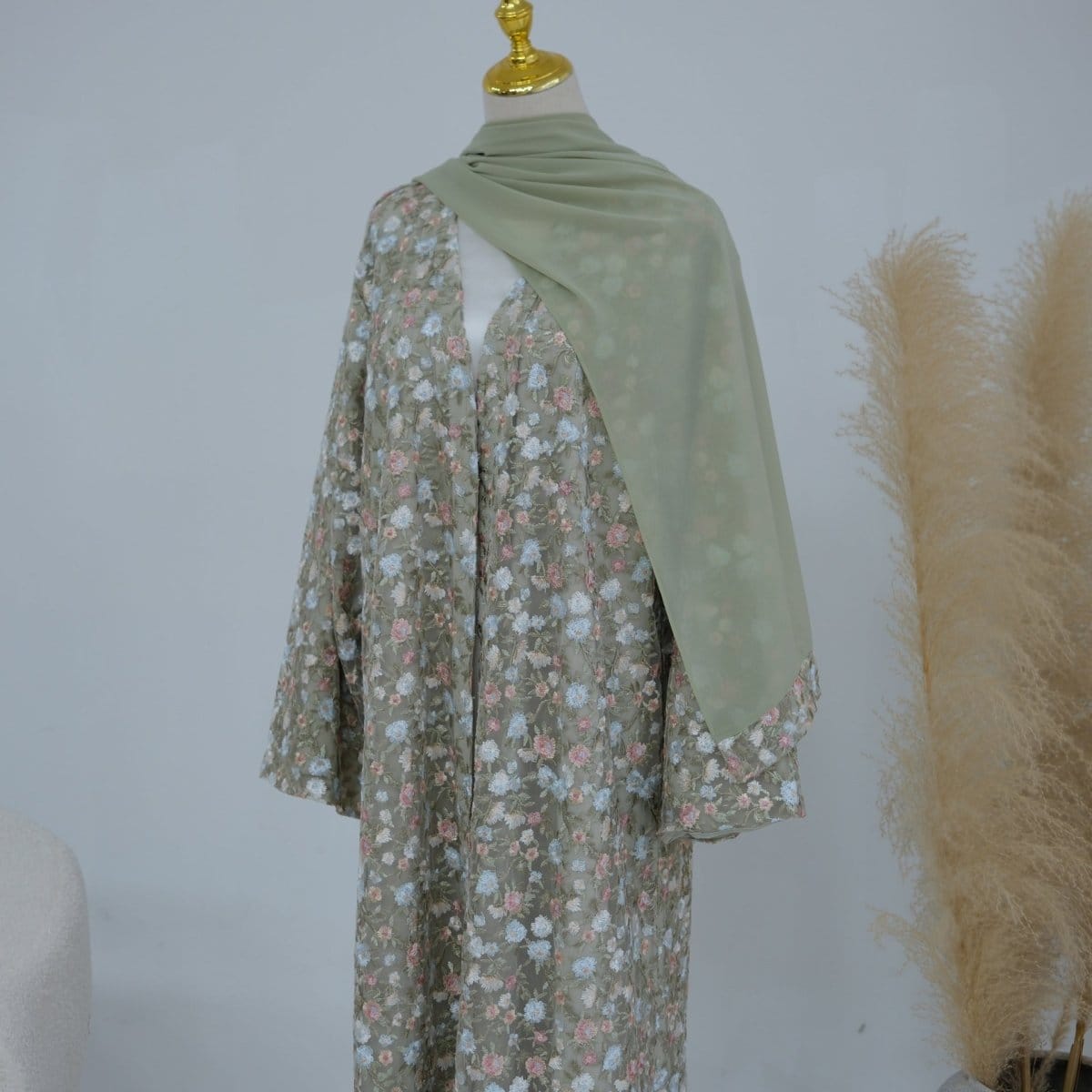 Floral Embroidered Mesh Open Abaya & Hijab Set(MOA321) - A-1 Thread Vault