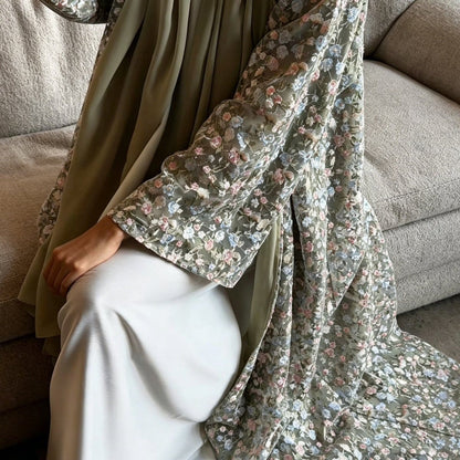Floral Embroidered Mesh Open Abaya & Hijab Set(MOA321) - A-1 Thread Vault