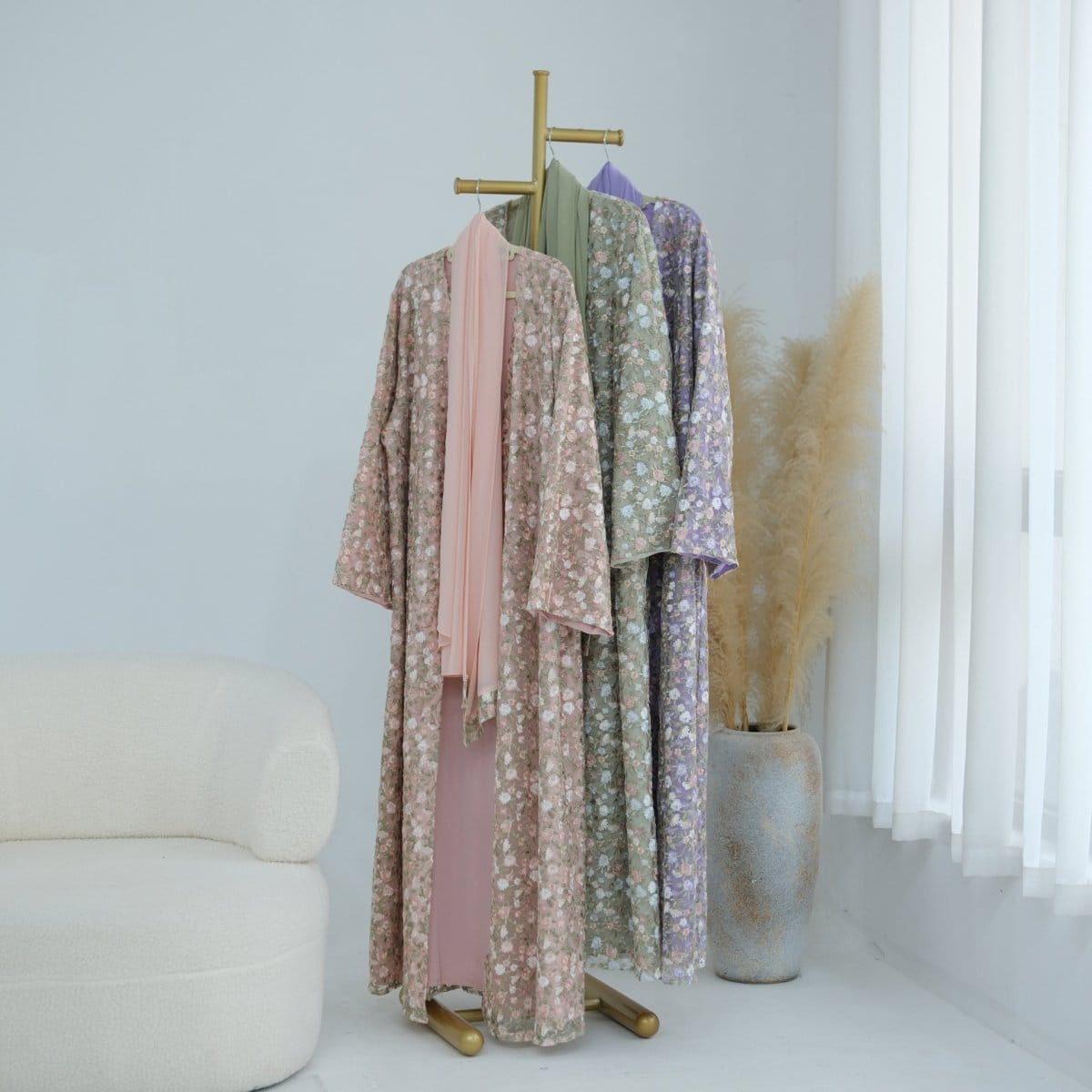 Floral Embroidered Mesh Open Abaya & Hijab Set(MOA321) - A-1 Thread Vault