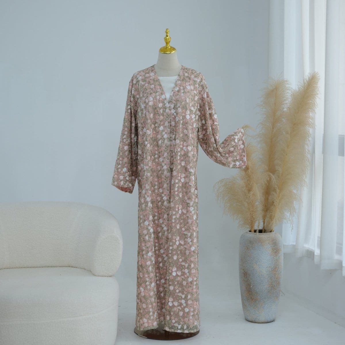 Floral Embroidered Mesh Open Abaya & Hijab Set(MOA321) - A-1 Thread Vault