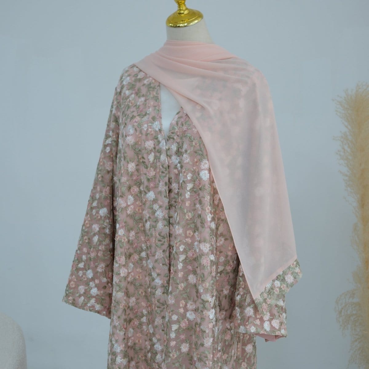 Floral Embroidered Mesh Open Abaya & Hijab Set(MOA321) - A-1 Thread Vault
