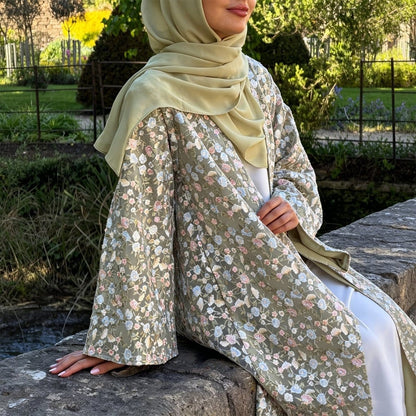 Floral Embroidered Mesh Open Abaya & Hijab Set(MOA321) - A-1 Thread Vault