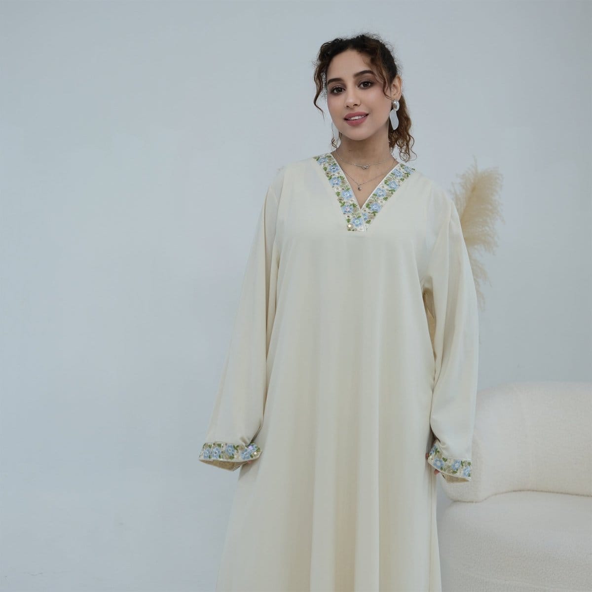 Floral Embroidered V-Neck Nida Maxi Dress(MA448) - A-1 Thread Vault