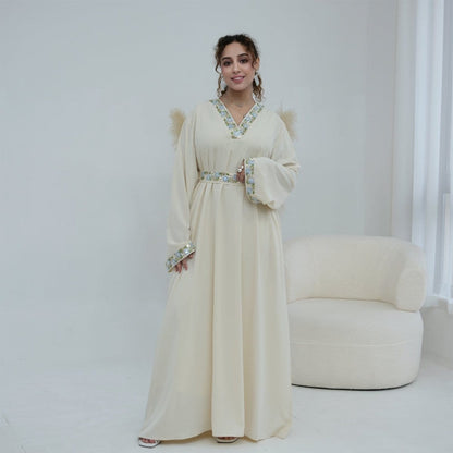 Floral Embroidered V-Neck Nida Maxi Dress(MA448) - A-1 Thread Vault