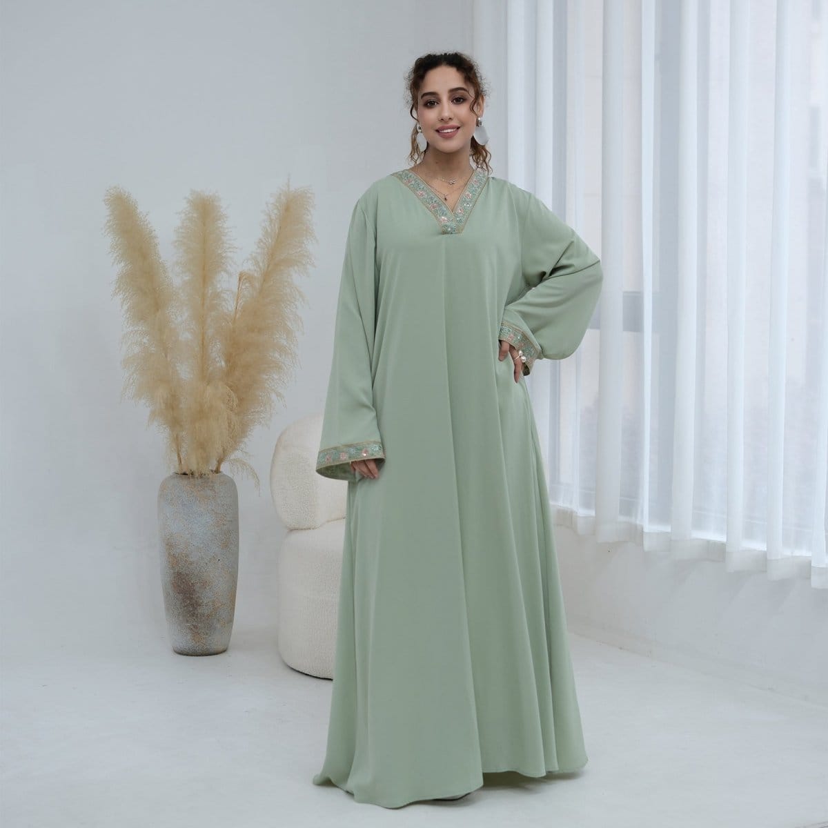 Floral Embroidered V-Neck Nida Maxi Dress(MA448) - A-1 Thread Vault