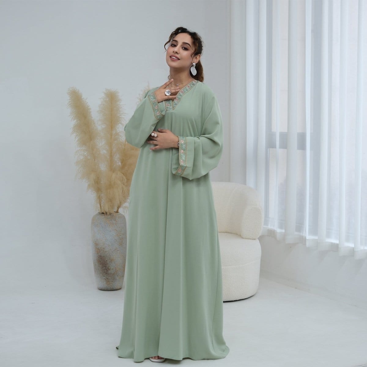 Floral Embroidered V-Neck Nida Maxi Dress(MA448) - A-1 Thread Vault
