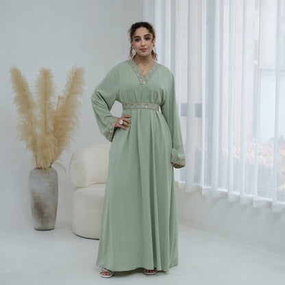 Floral Embroidered V-Neck Nida Maxi Dress(MA448) - A-1 Thread Vault