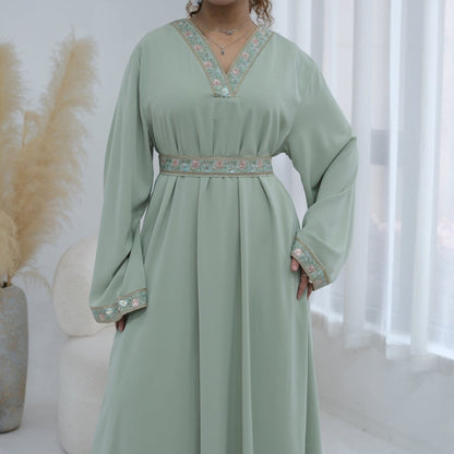 Floral Embroidered V-Neck Nida Maxi Dress(MA448) - A-1 Thread Vault