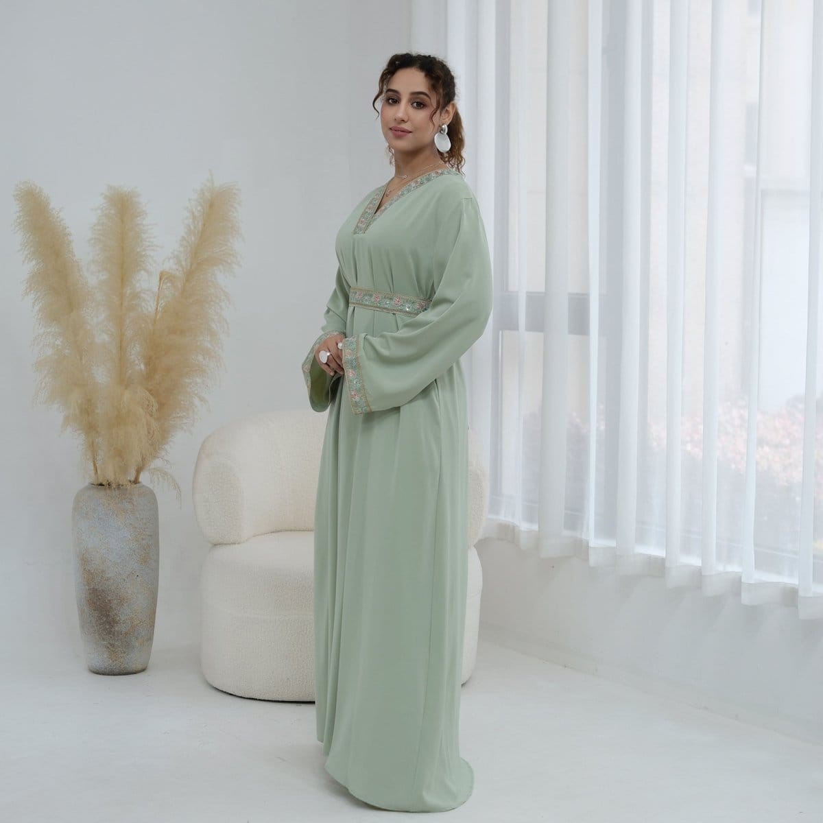 Floral Embroidered V-Neck Nida Maxi Dress(MA448) - A-1 Thread Vault