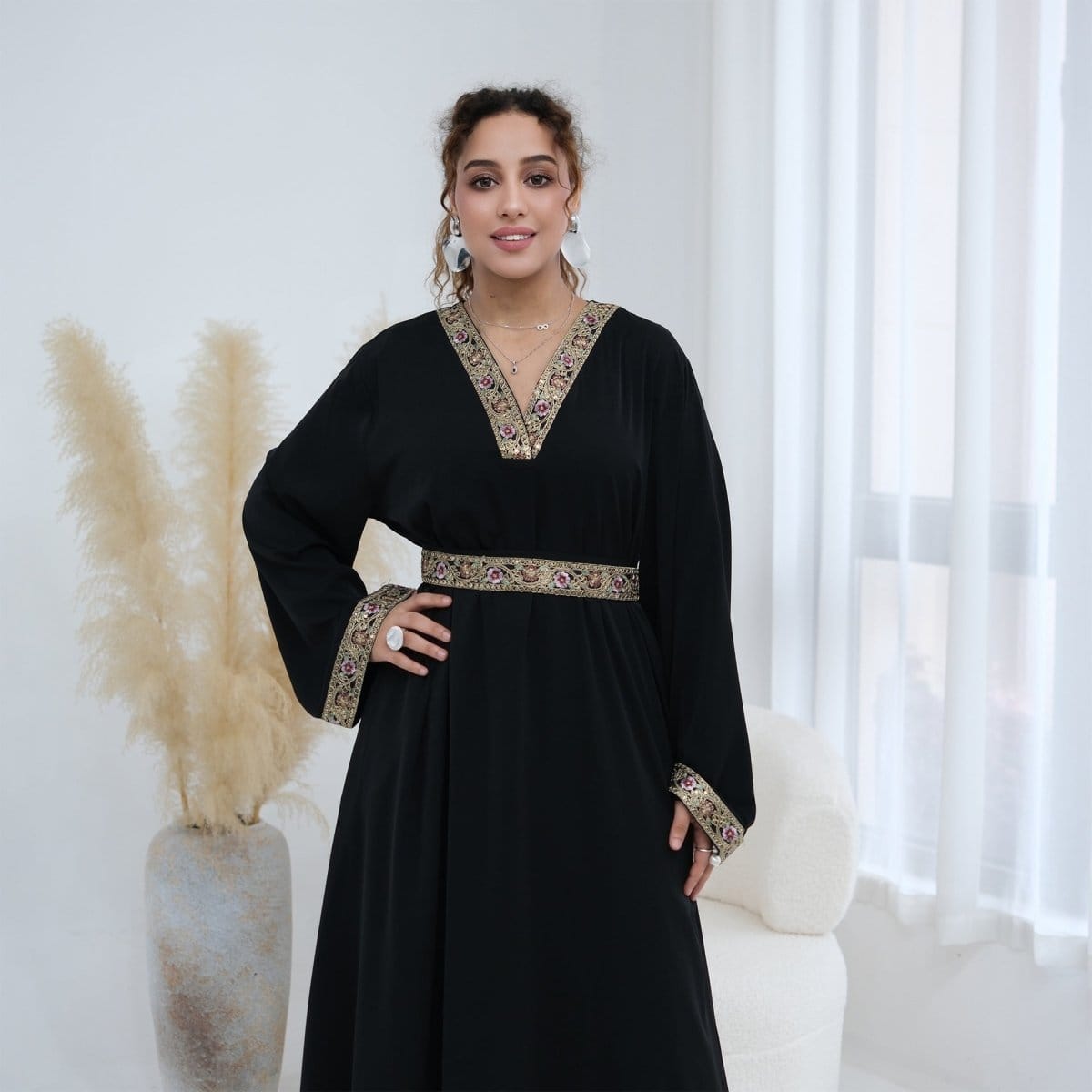 Floral Embroidered V-Neck Nida Maxi Dress(MA448) - A-1 Thread Vault