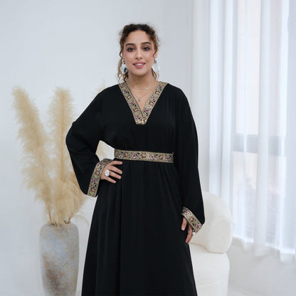 Floral Embroidered V-Neck Nida Maxi Dress(MA448) - A-1 Thread Vault