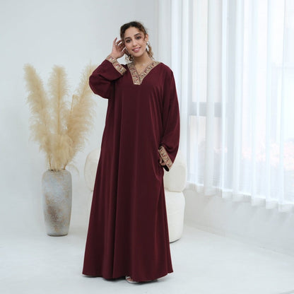 Floral Embroidered V-Neck Nida Maxi Dress(MA448) - A-1 Thread Vault