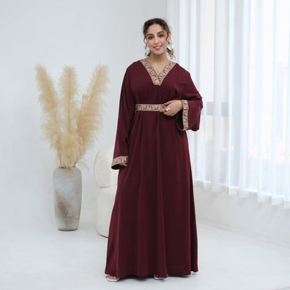 Floral Embroidered V-Neck Nida Maxi Dress(MA448) - A-1 Thread Vault