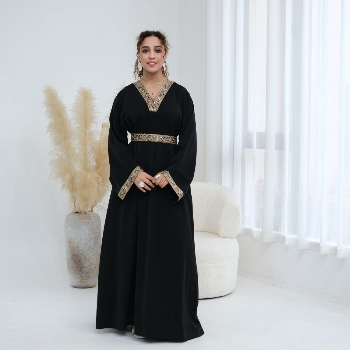 Floral Embroidered V-Neck Nida Maxi Dress(MA448) - A-1 Thread Vault