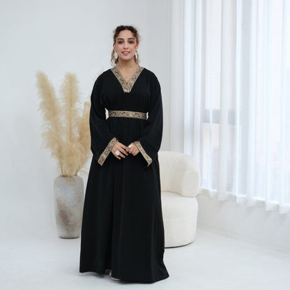 Floral Embroidered V-Neck Nida Maxi Dress(MA448) - A-1 Thread Vault