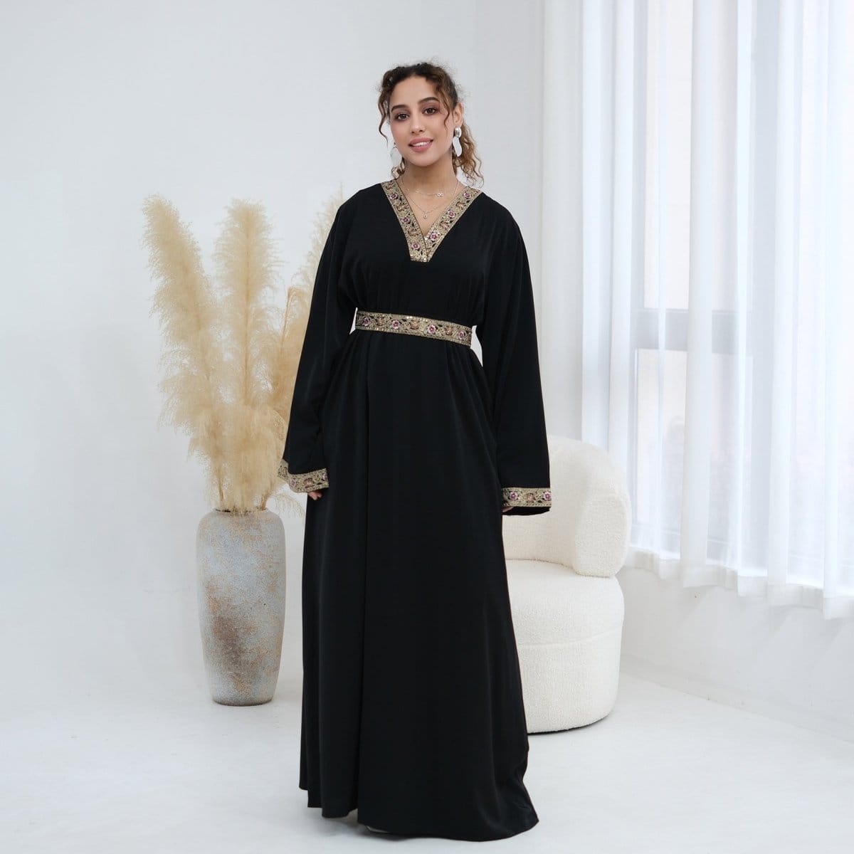 Floral Embroidered V-Neck Nida Maxi Dress(MA448) - A-1 Thread Vault