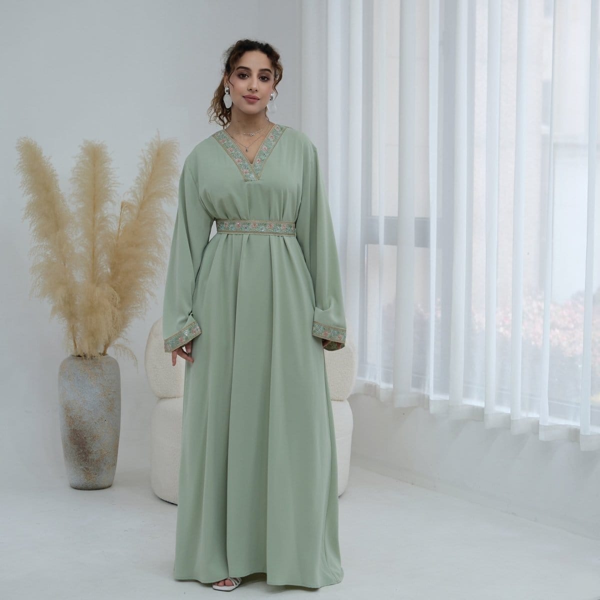 Floral Embroidered V-Neck Nida Maxi Dress(MA448) - A-1 Thread Vault