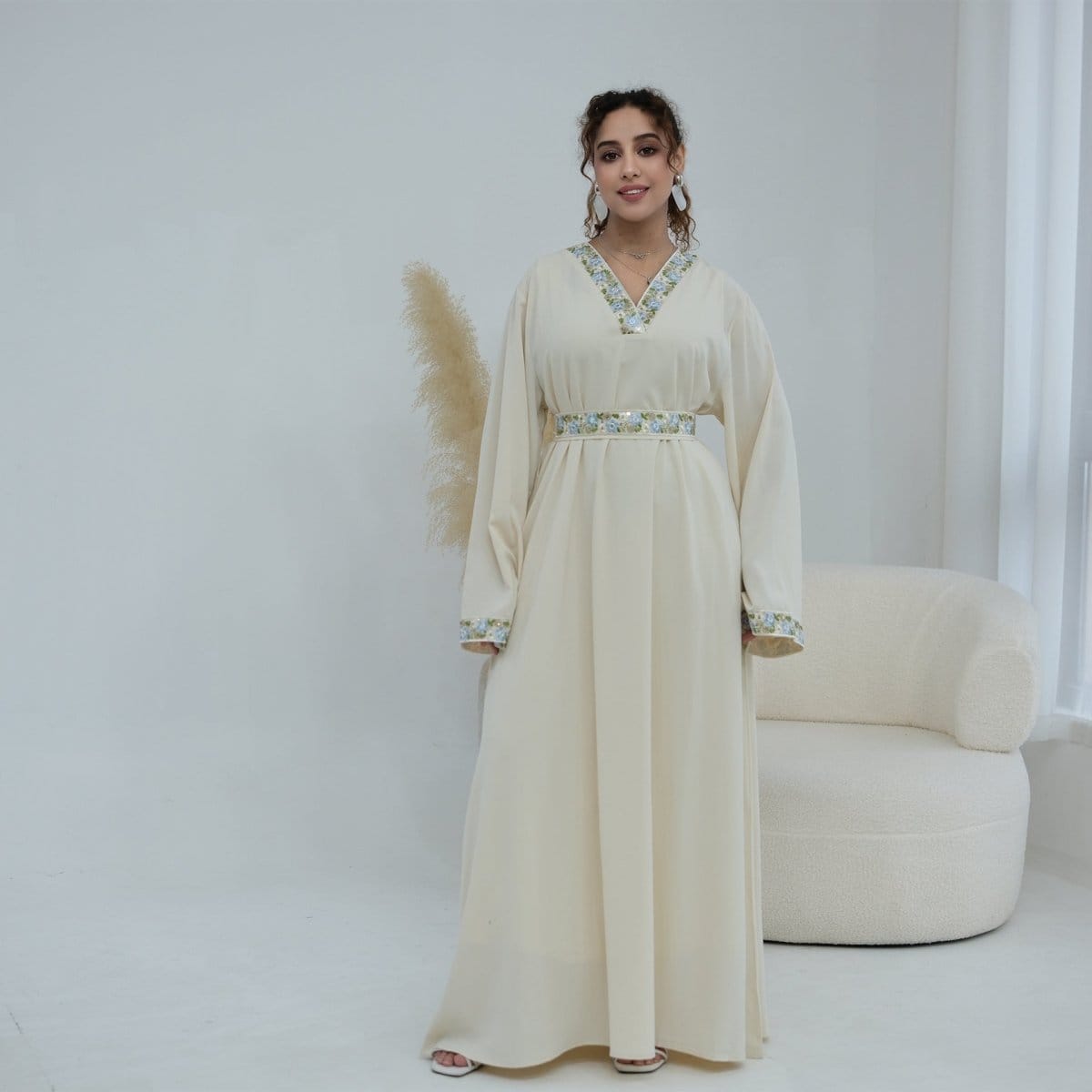 Floral Embroidered V-Neck Nida Maxi Dress(MA448) - A-1 Thread Vault