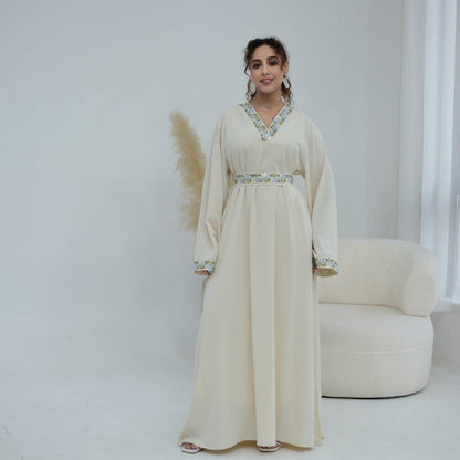 Floral Embroidered V-Neck Nida Maxi Dress(MA448) - A-1 Thread Vault