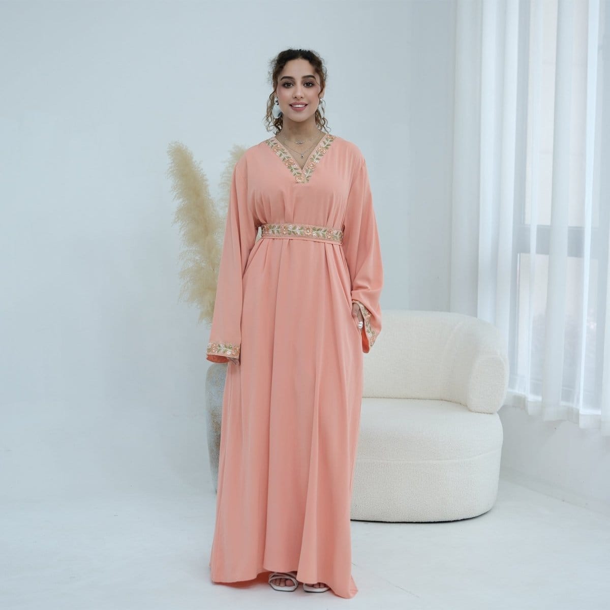 Floral Embroidered V-Neck Nida Maxi Dress(MA448) - A-1 Thread Vault