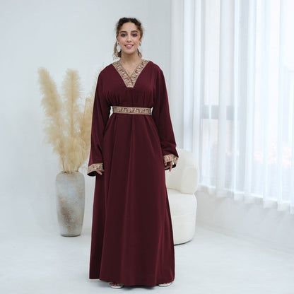 Floral Embroidered V-Neck Nida Maxi Dress(MA448) - A-1 Thread Vault