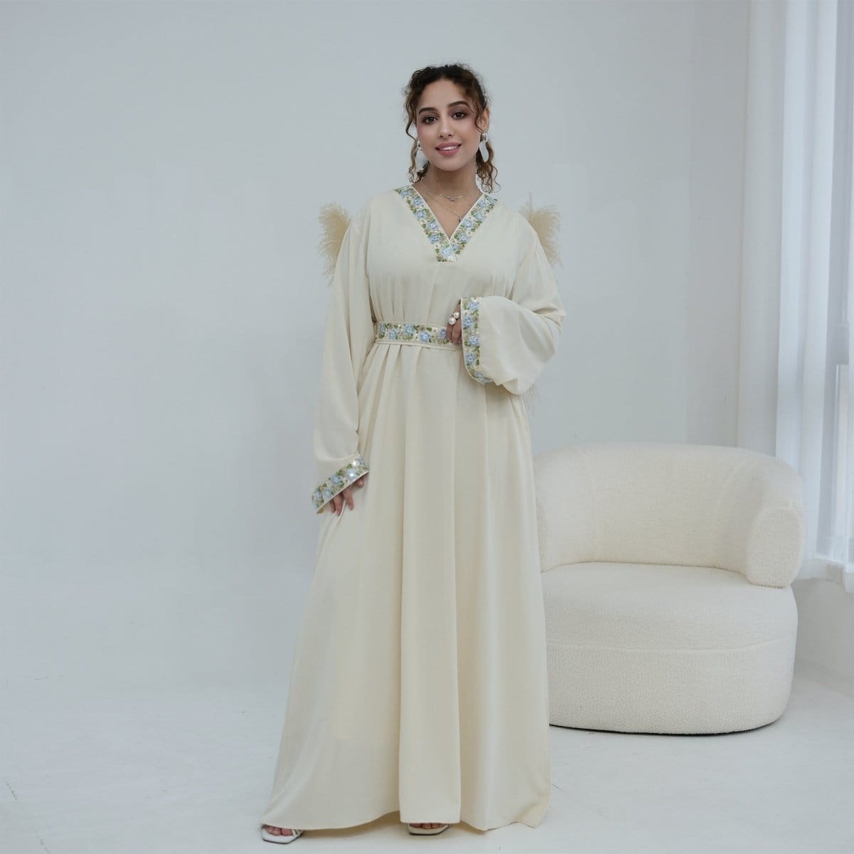 Floral Embroidered V-Neck Nida Maxi Dress(MA448) - A-1 Thread Vault