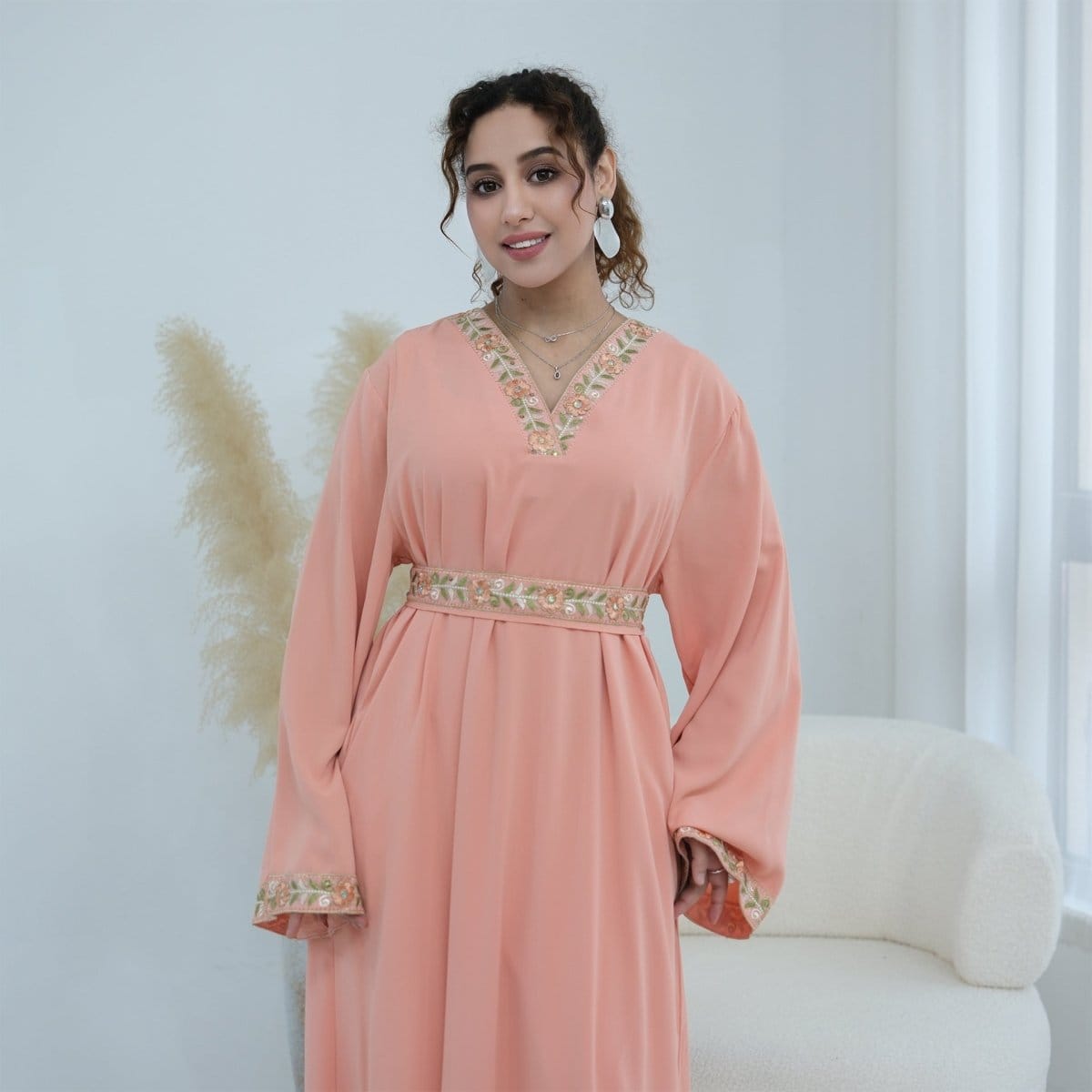 Floral Embroidered V-Neck Nida Maxi Dress(MA448) - A-1 Thread Vault