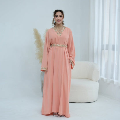 Floral Embroidered V-Neck Nida Maxi Dress(MA448) - A-1 Thread Vault