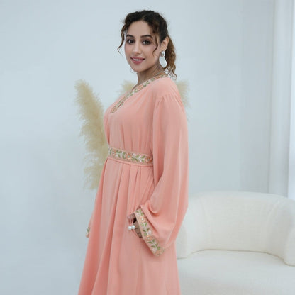 Floral Embroidered V-Neck Nida Maxi Dress(MA448) - A-1 Thread Vault